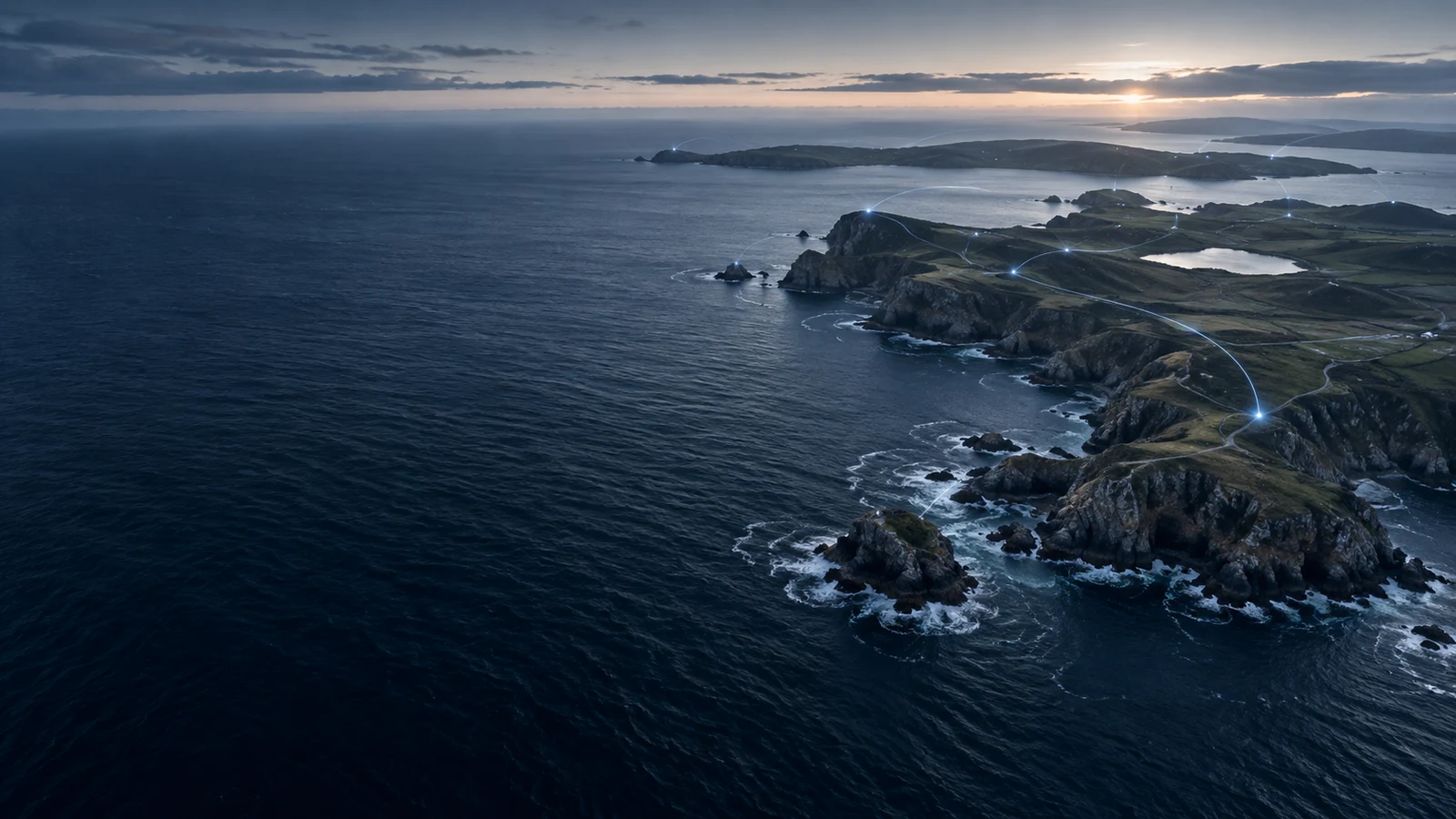 Conceptual coastal horizon with subtle navigation light paths