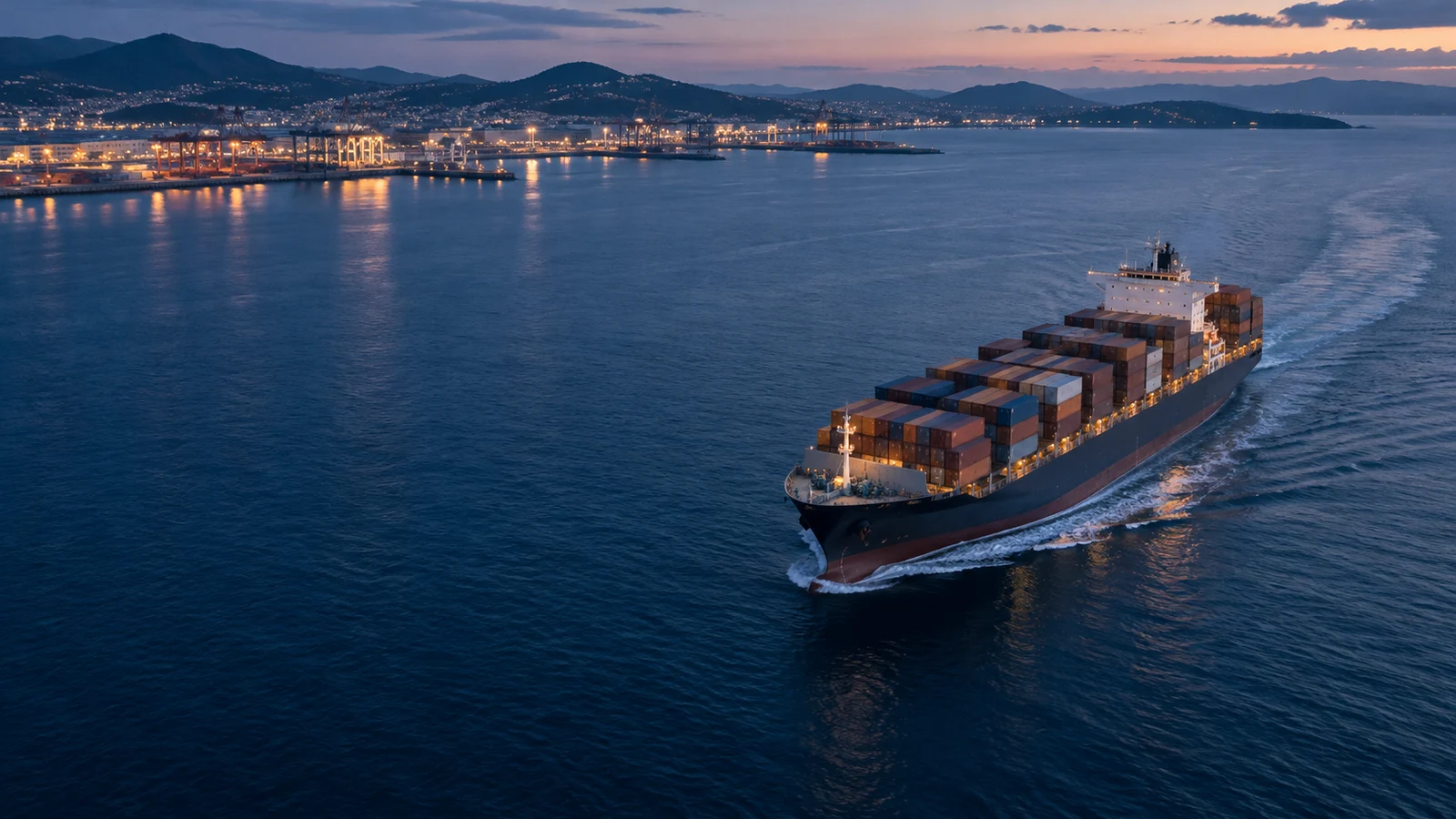 Cargo vessel navigating coastal waters near a port